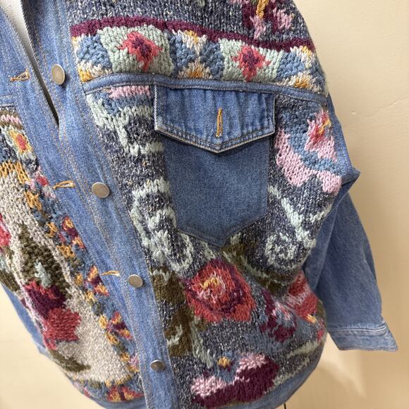 Vintage Together Denim Jacket L Floral Knit Appliqué Oversized 80s 90s Jean Coat - Picture 3 of 9